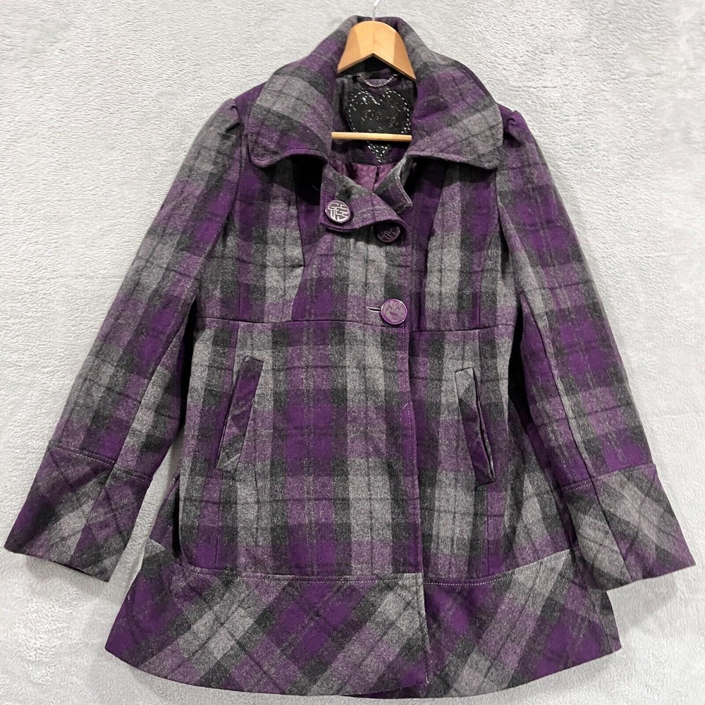 Guess Pea Coat Double Breasted Women S-M Wool Blend Jacket Buttons Plaid Y2K‎